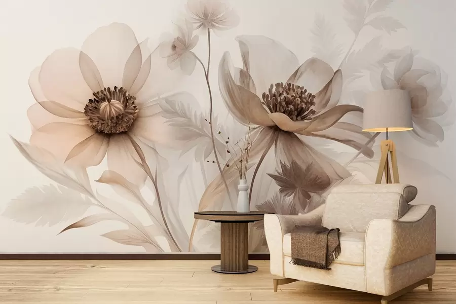 Fototapet Stora, genomskinliga blommor i sepiafärger med fina kronblad, fjäderlika blad och mindre blommor w09900