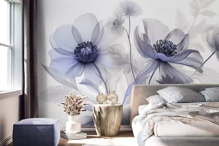 Fototapet Stora, genomskinliga, blåaktiga blommor med fina kronblad, fjäderlika blad och mindre blommor w09900v1
