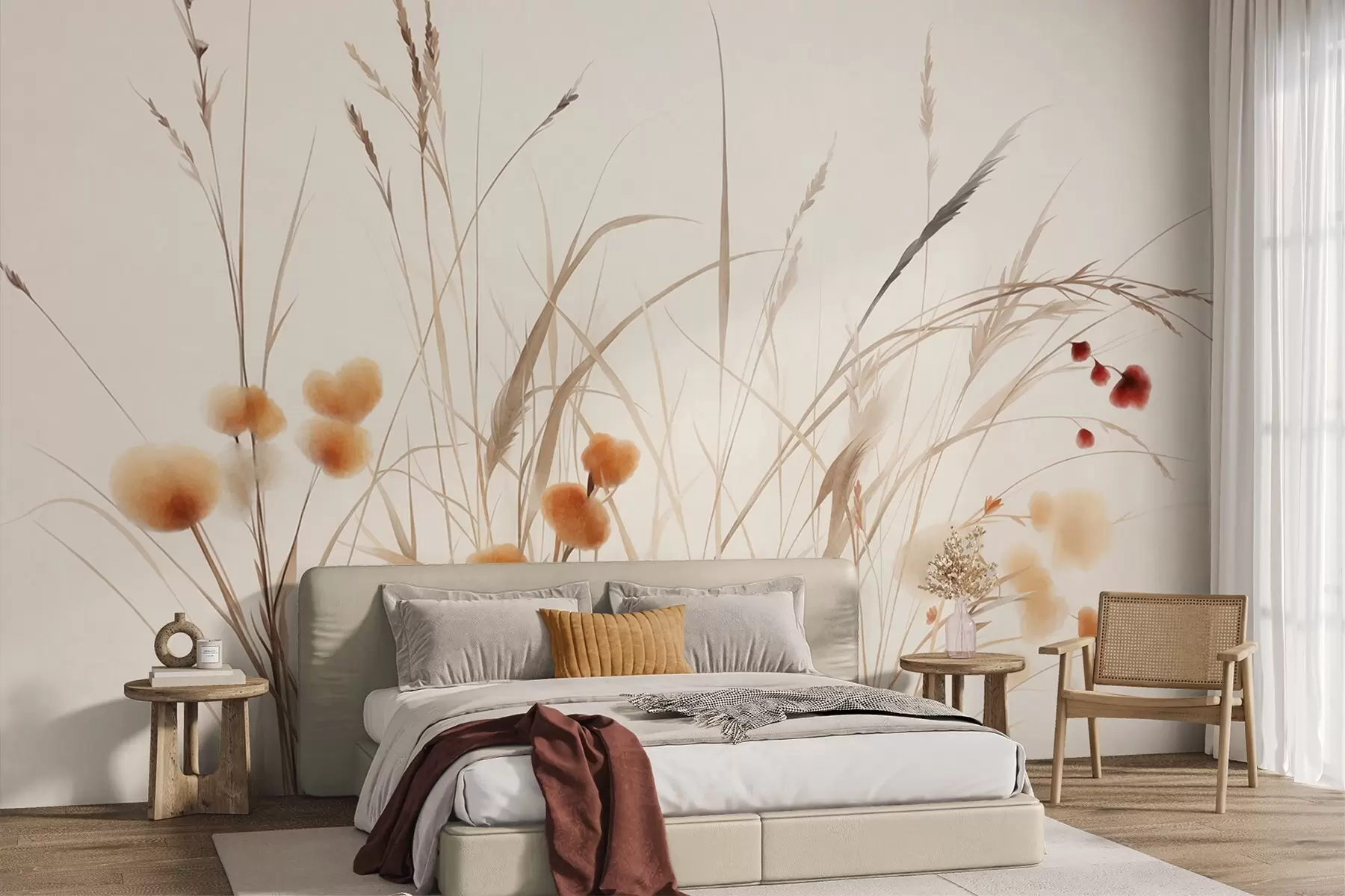Fototapet Högt gräs och små orange vildblommor mot en ljus bakgrund, i en boho-stil med struktur w09902