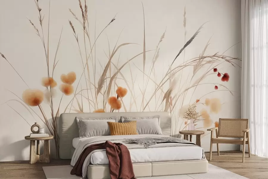 Fototapet Högt gräs och små orange vildblommor mot en ljus bakgrund, i en boho-stil med struktur w09902