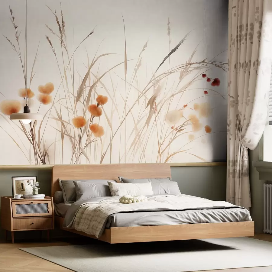 Fototapet Högt gräs och små orange vildblommor mot en ljus bakgrund, i en boho-stil med struktur w09902