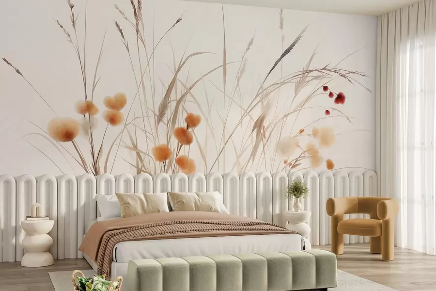 Fototapet Högt gräs och små orange vildblommor mot en ljus bakgrund, i en boho-stil med struktur w09902