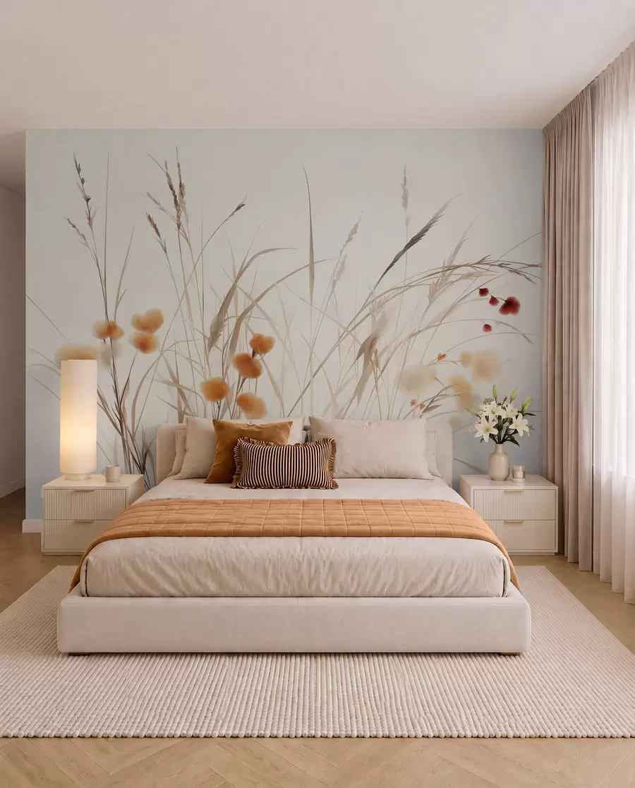 Fototapet Högt gräs och små orange vildblommor mot en ljus bakgrund, i en boho-stil med struktur w09902