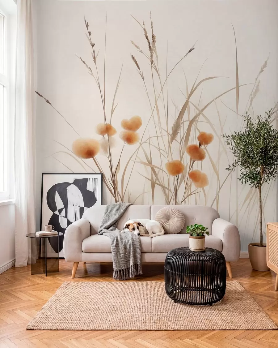 Fototapet Högt gräs och små orange vildblommor mot en ljus bakgrund, i en boho-stil med struktur w09902