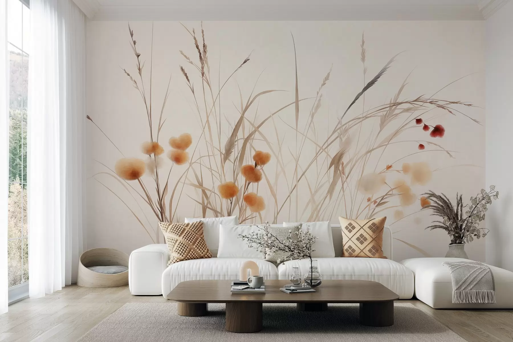 Fototapet Högt gräs och små orange vildblommor mot en ljus bakgrund, i en boho-stil med struktur w09902