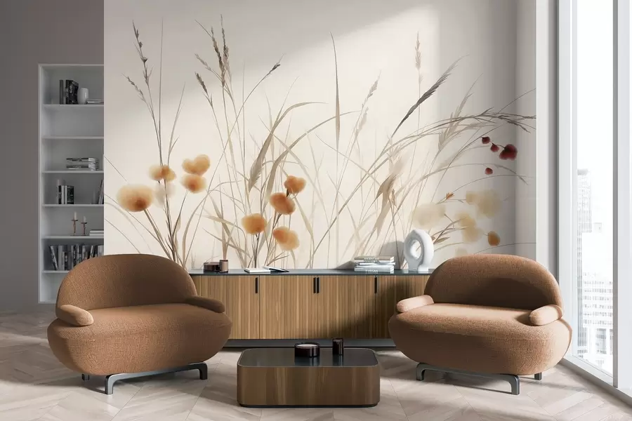 Fototapet Högt gräs och små orange vildblommor mot en ljus bakgrund, i en boho-stil med struktur w09902
