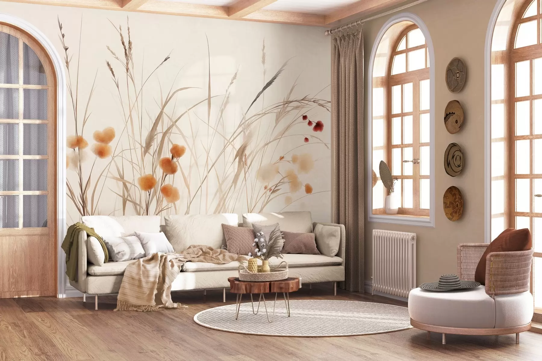 Fototapet Högt gräs och små orange vildblommor mot en ljus bakgrund, i en boho-stil med struktur w09902
