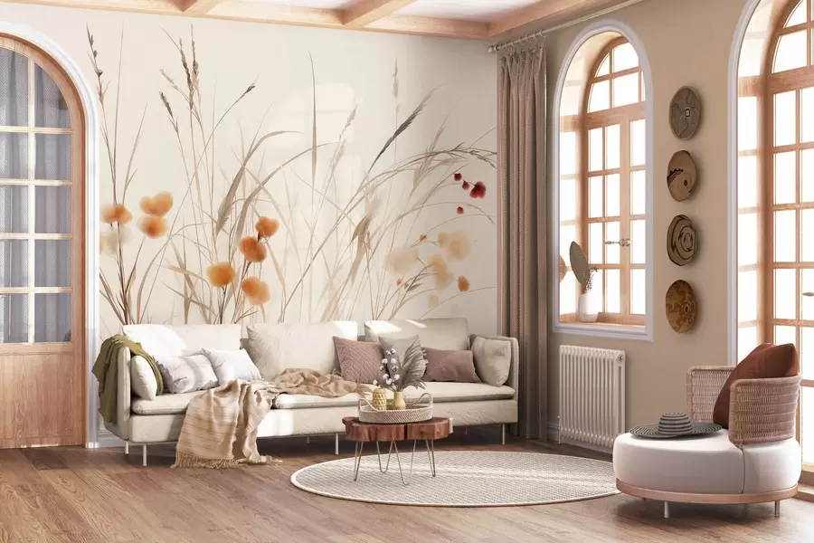 Fototapet Högt gräs och små orange vildblommor mot en ljus bakgrund, i en boho-stil med struktur w09902