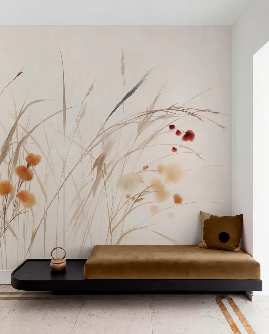 Fototapet Högt gräs och små orange vildblommor mot en ljus bakgrund, i en boho-stil med struktur w09902