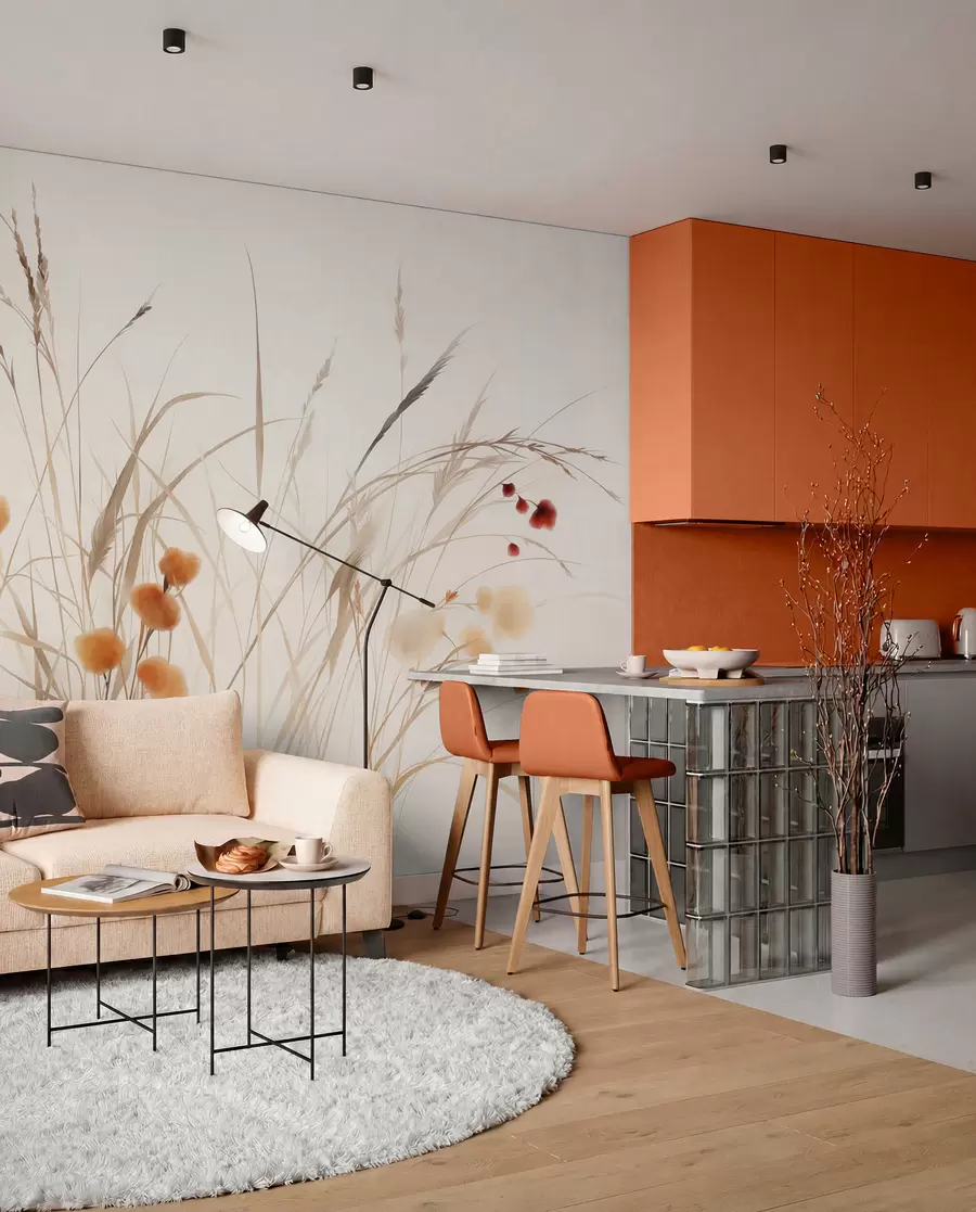 Fototapet Högt gräs och små orange vildblommor mot en ljus bakgrund, i en boho-stil med struktur w09902
