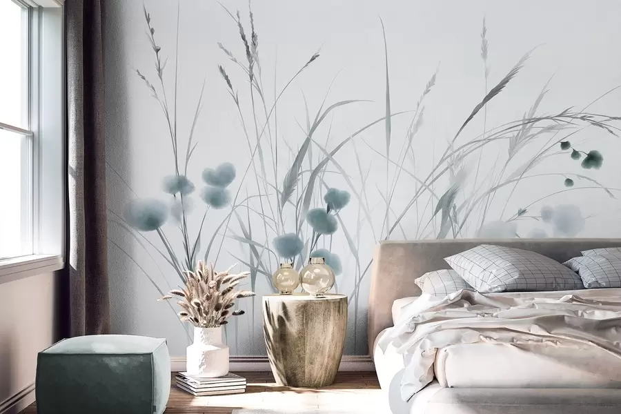 Fototapet Högt gräs och små blå vildblommor mot en ljus bakgrund, i en strukturerad boho-stil w09902v1