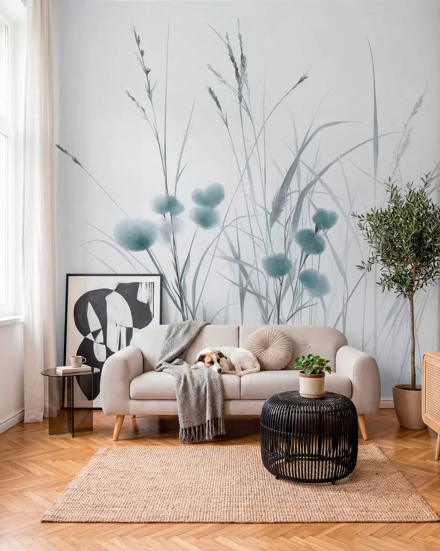 Fototapet Högt gräs och små blå vildblommor mot en ljus bakgrund, i en strukturerad boho-stil w09902v1