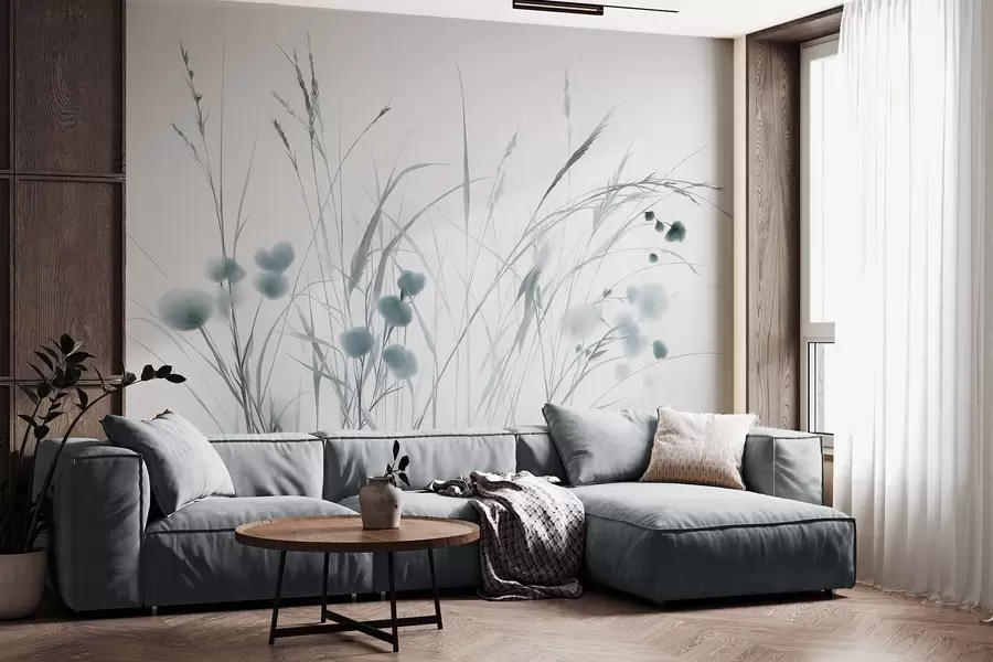 Fototapet Högt gräs och små blå vildblommor mot en ljus bakgrund, i en strukturerad boho-stil w09902v1