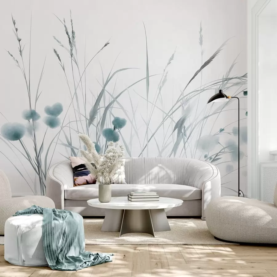 Fototapet Högt gräs och små blå vildblommor mot en ljus bakgrund, i en strukturerad boho-stil w09902v1