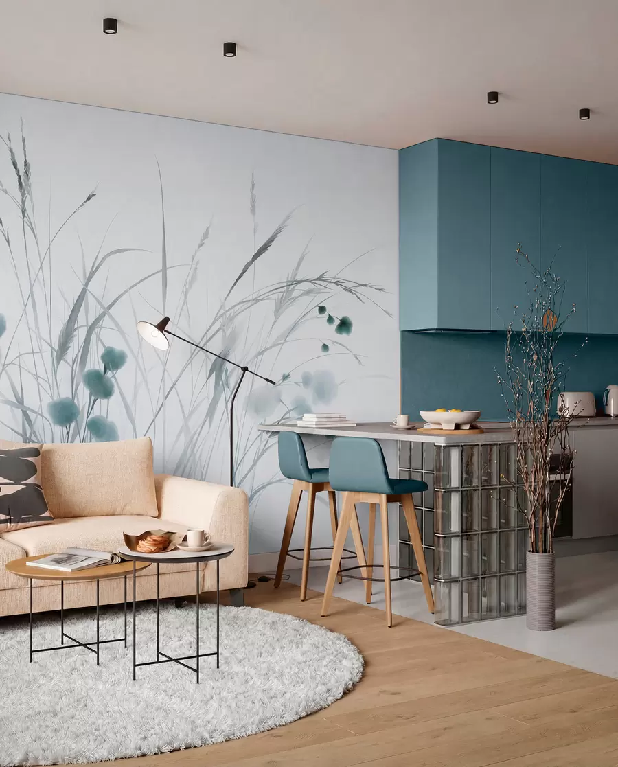 Fototapet Högt gräs och små blå vildblommor mot en ljus bakgrund, i en strukturerad boho-stil w09902v1
