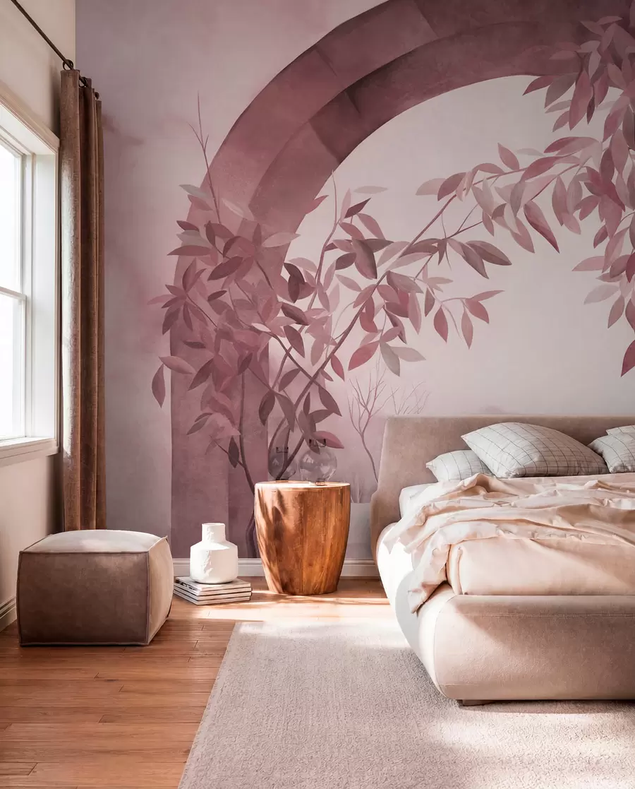 Fototapet En båge med ett landskap, träd och lövverk i dämpade rosa och grå nyanser, texturerad konst w09907v1