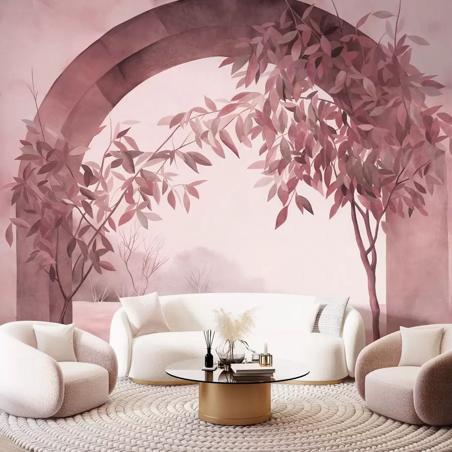 Fototapet En båge med ett landskap, träd och lövverk i dämpade rosa och grå nyanser, texturerad konst w09907v1