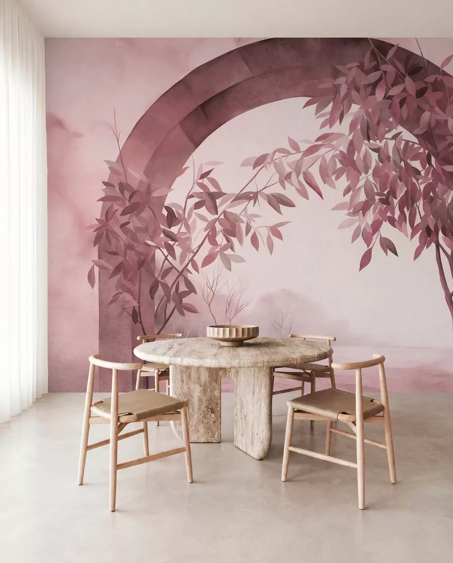 Fototapet En båge med ett landskap, träd och lövverk i dämpade rosa och grå nyanser, texturerad konst w09907v1