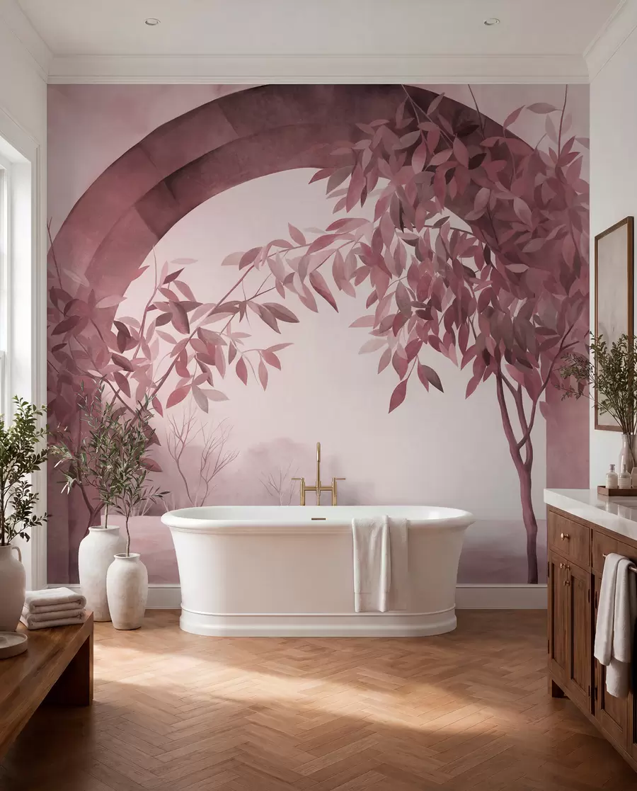 Fototapet En båge med ett landskap, träd och lövverk i dämpade rosa och grå nyanser, texturerad konst w09907v1
