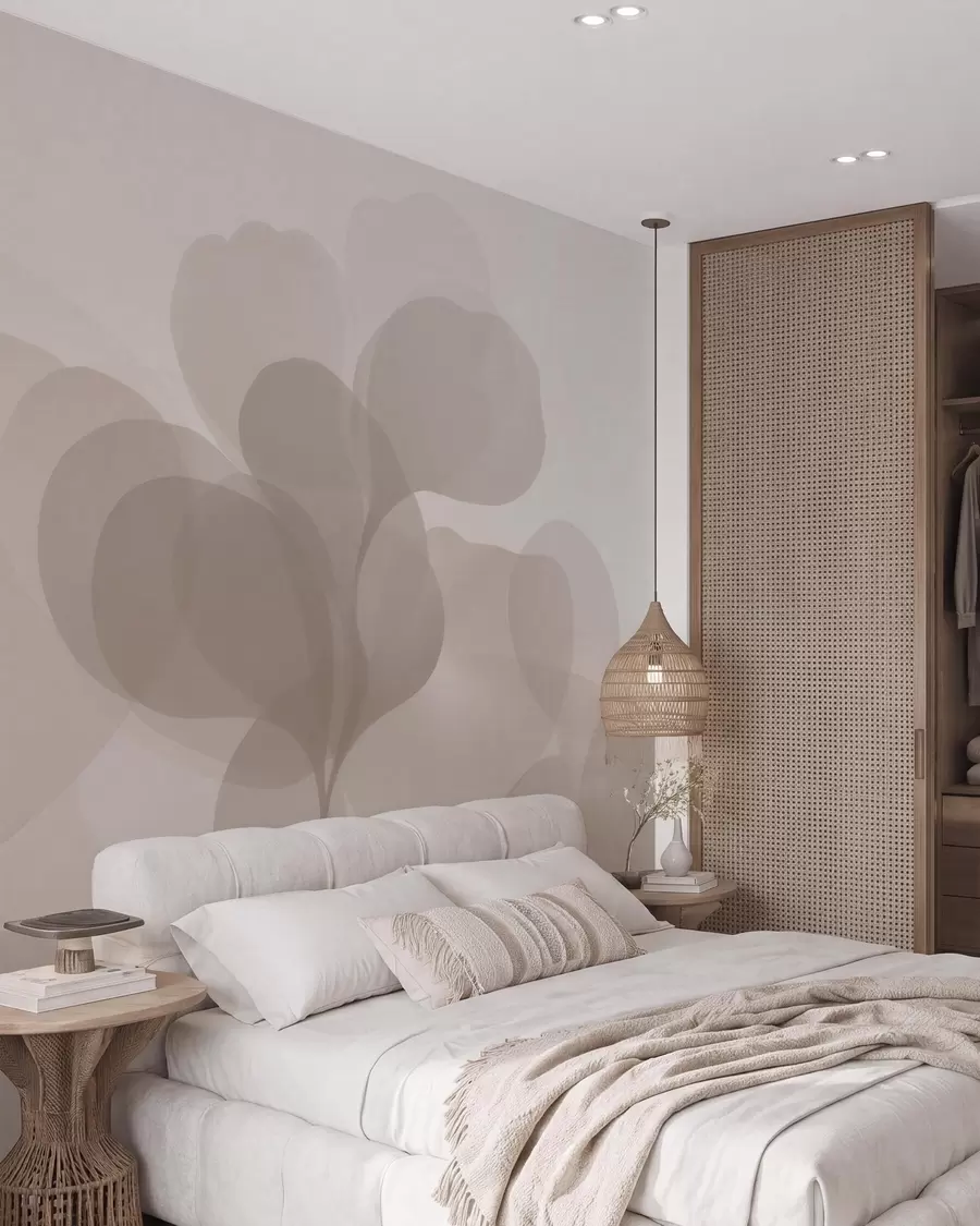 Fototapet Halvgenomskinliga, abstrakta botaniska silhuetter i varma beige nyanser w09925