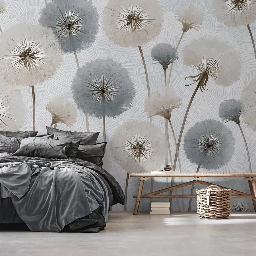 Fototapet Luftiga, fluffiga maskrosor i en mjuk, naturlig färgskala w09936