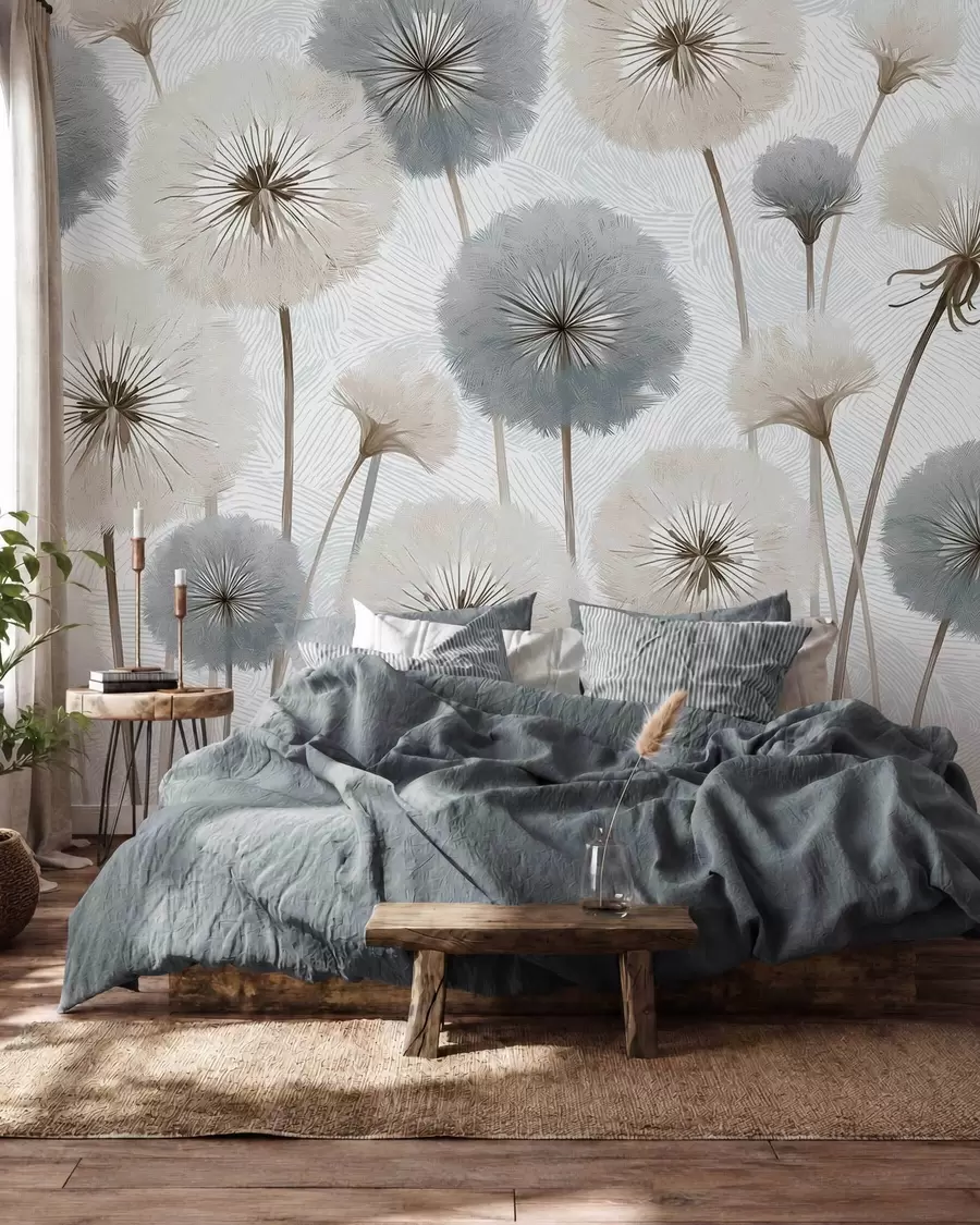 Fototapet Luftiga, fluffiga maskrosor i en mjuk, naturlig färgskala w09936