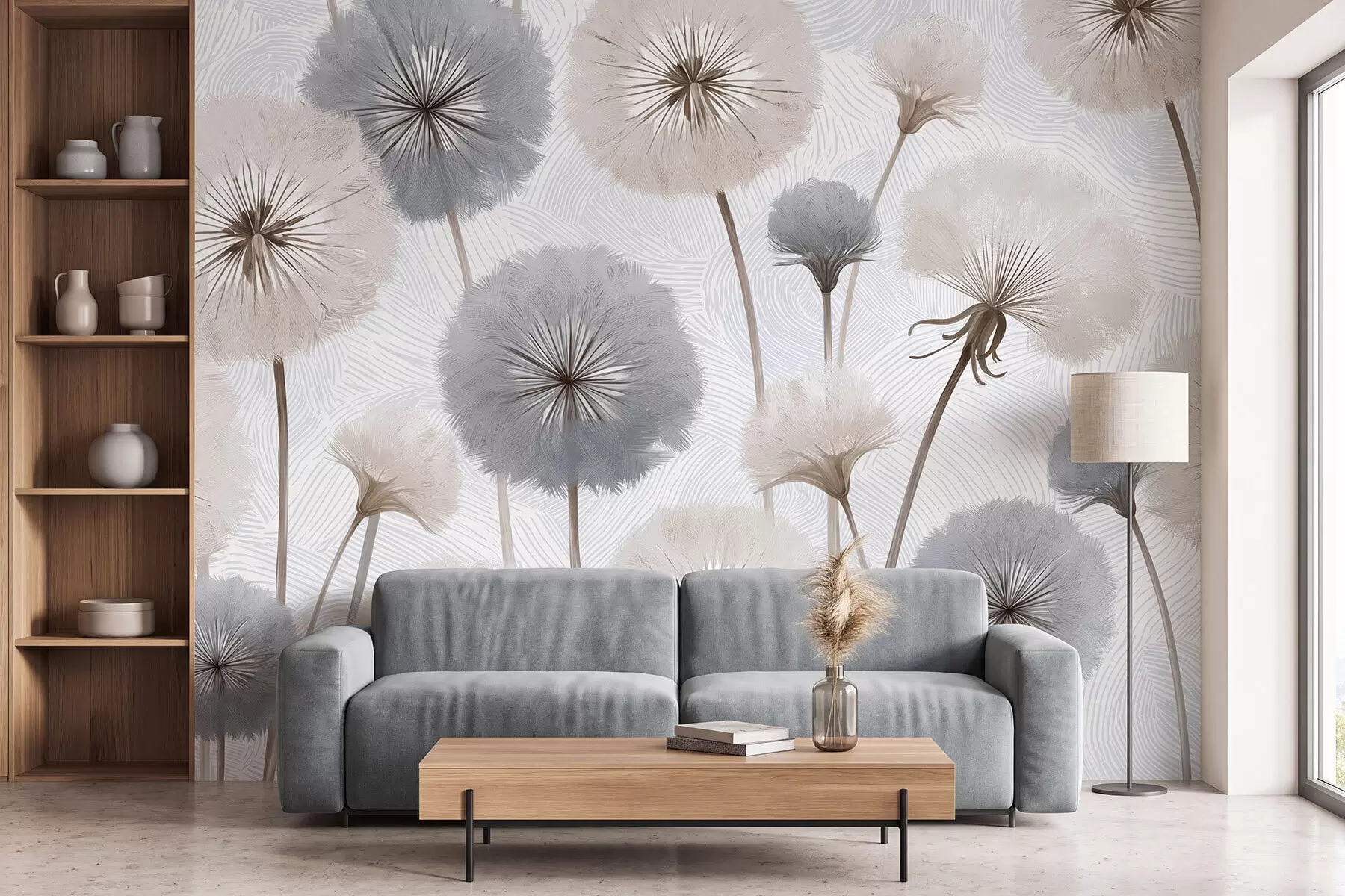 Fototapet Luftiga, fluffiga maskrosor i en mjuk, naturlig färgskala w09936