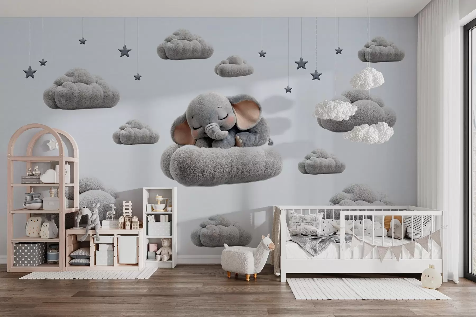 Fototapet en söt liten elefant i 3D-stil som sover bland fluffiga moln w05754