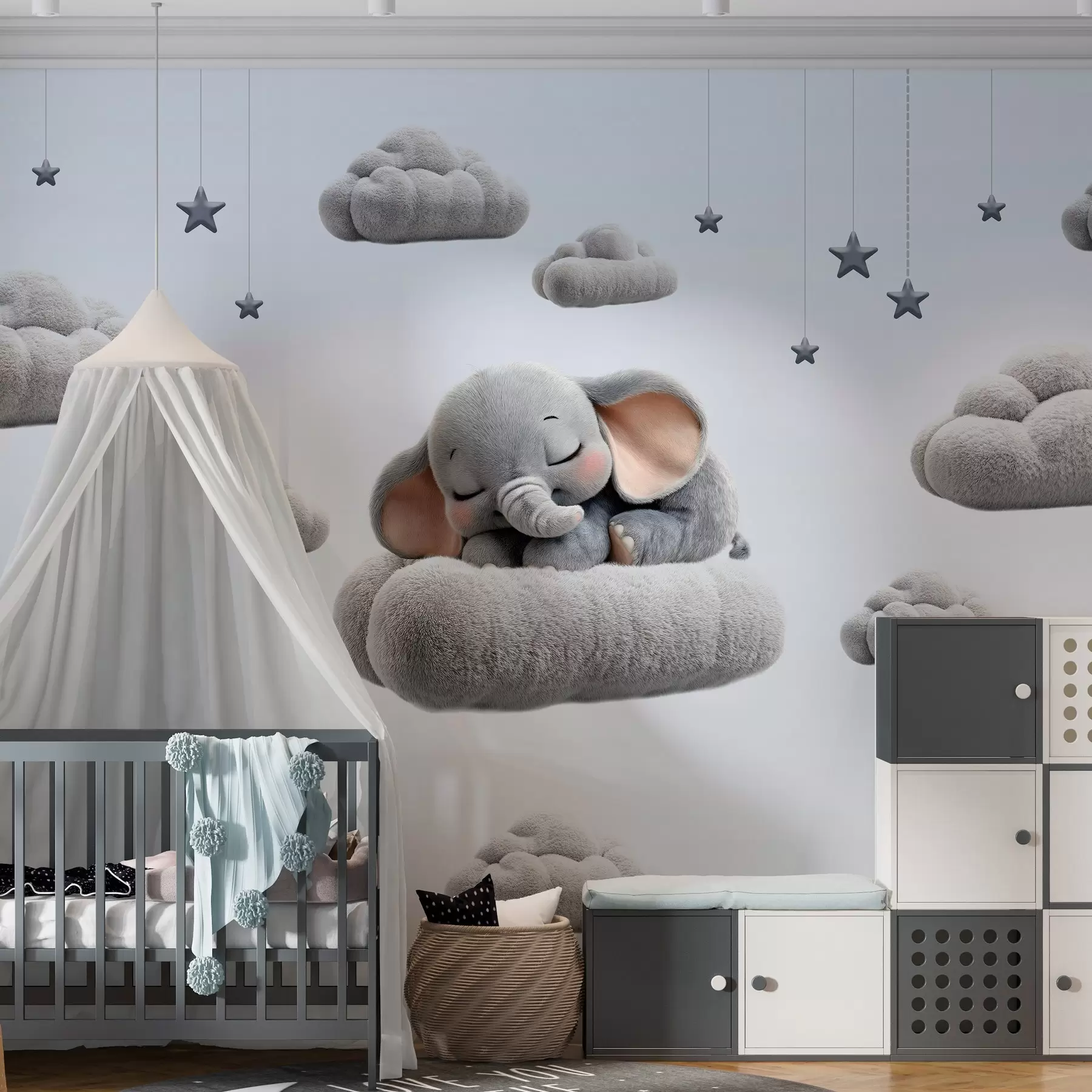 Fototapet en söt liten elefant i 3D-stil som sover bland fluffiga moln w05754
