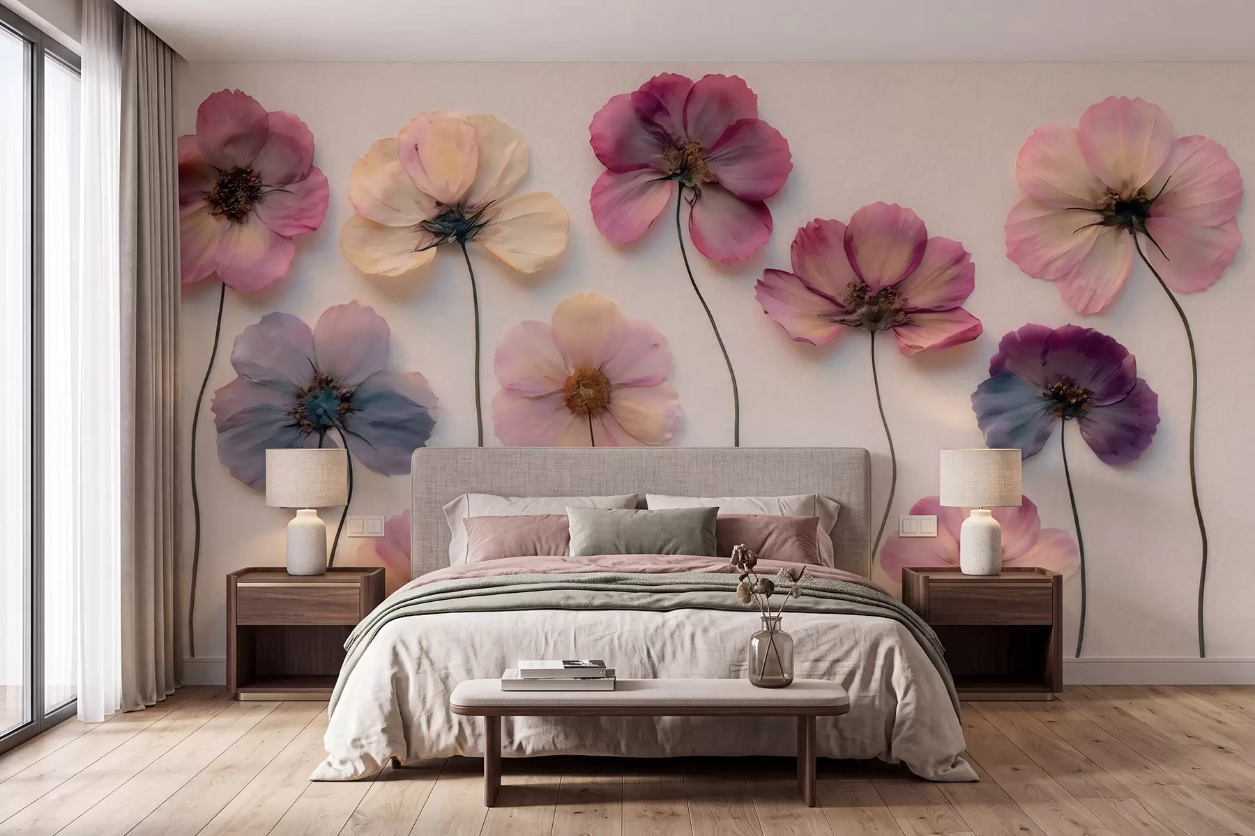 Fototapet Herbariumkomposition med effekt av pressade blommor och 3D-struktur w09911