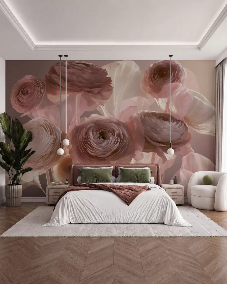 Fototapet Stora, konstnärliga ranunkelblommor i mjuka rosa- och krämfärgade nyanser w09921