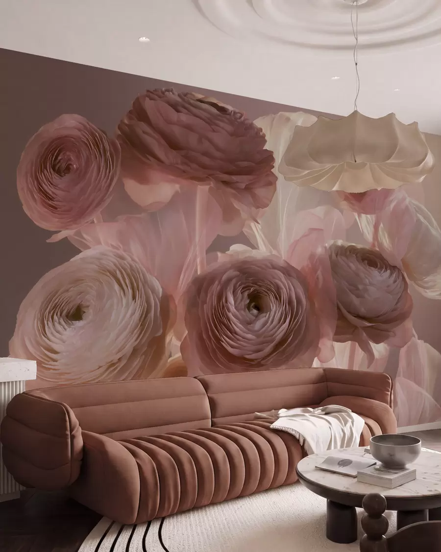Fototapet Stora, konstnärliga ranunkelblommor i mjuka rosa- och krämfärgade nyanser w09921