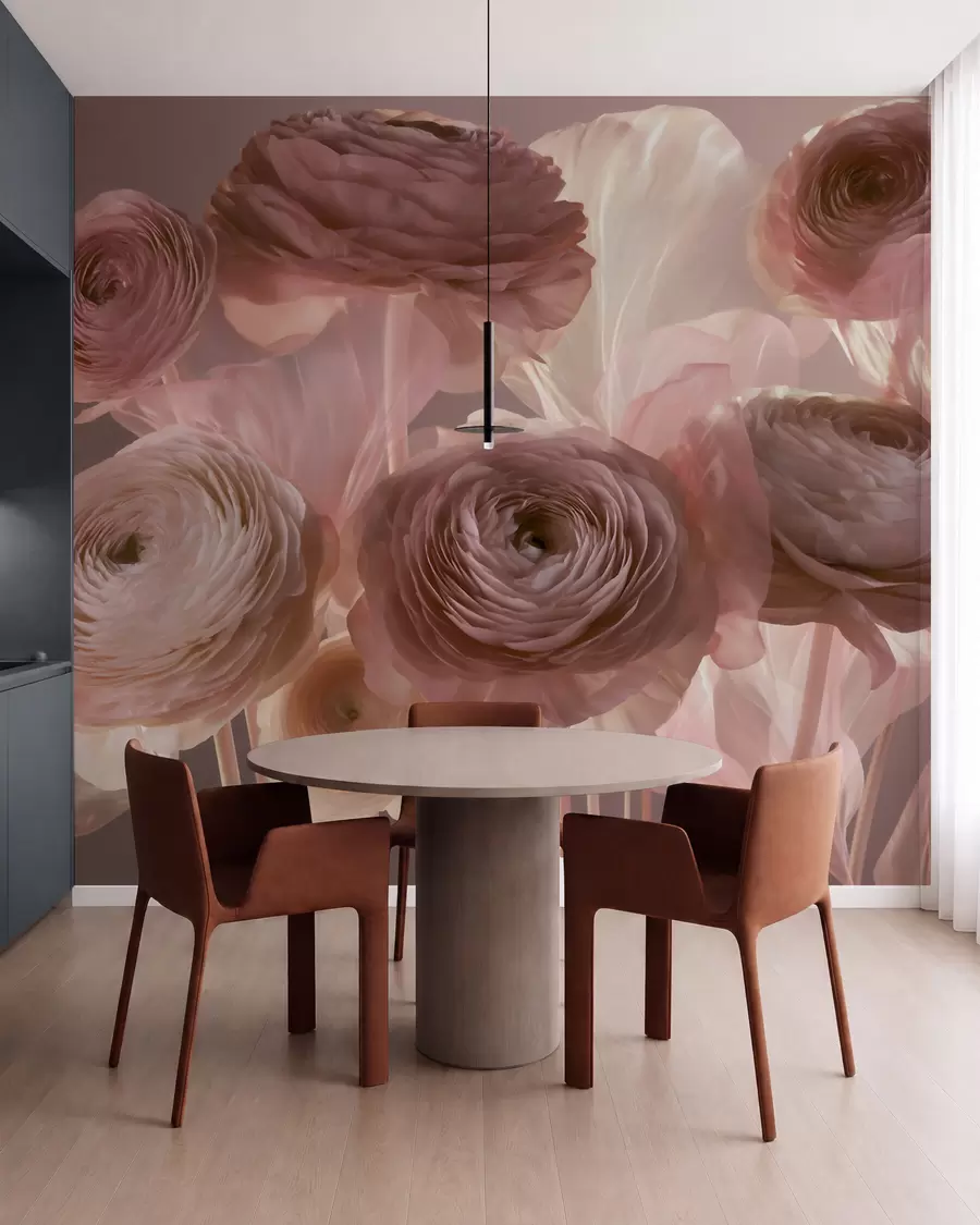Fototapet Stora, konstnärliga ranunkelblommor i mjuka rosa- och krämfärgade nyanser w09921