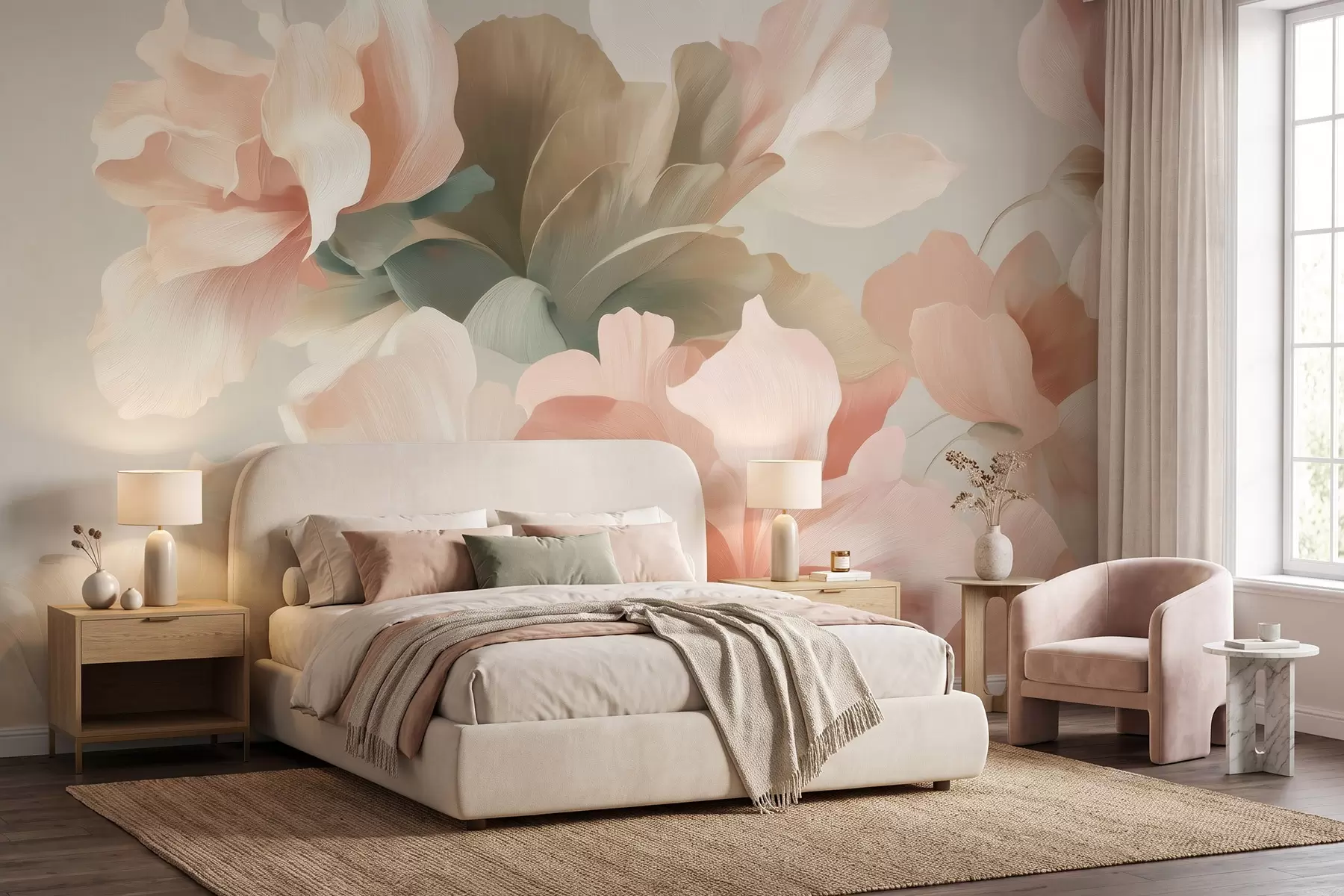 Fototapet Stora konstnärliga blommor i mjuka pastellnyanser av krämvitt, rosa och grönt w09935