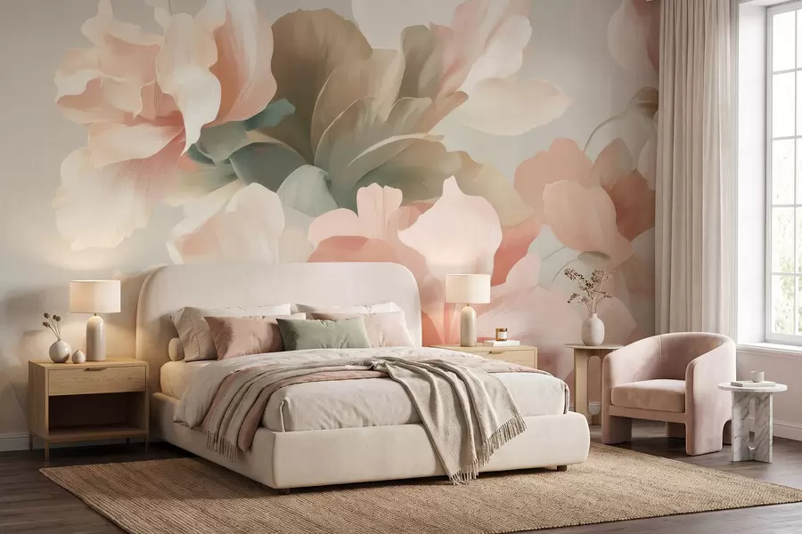 Fototapet Stora konstnärliga blommor i mjuka pastellnyanser av krämvitt, rosa och grönt w09935