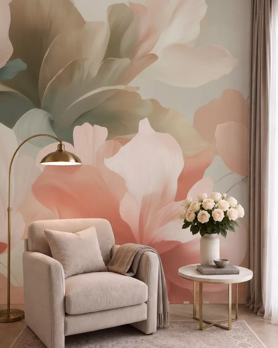 Fototapet Stora konstnärliga blommor i mjuka pastellnyanser av krämvitt, rosa och grönt w09935