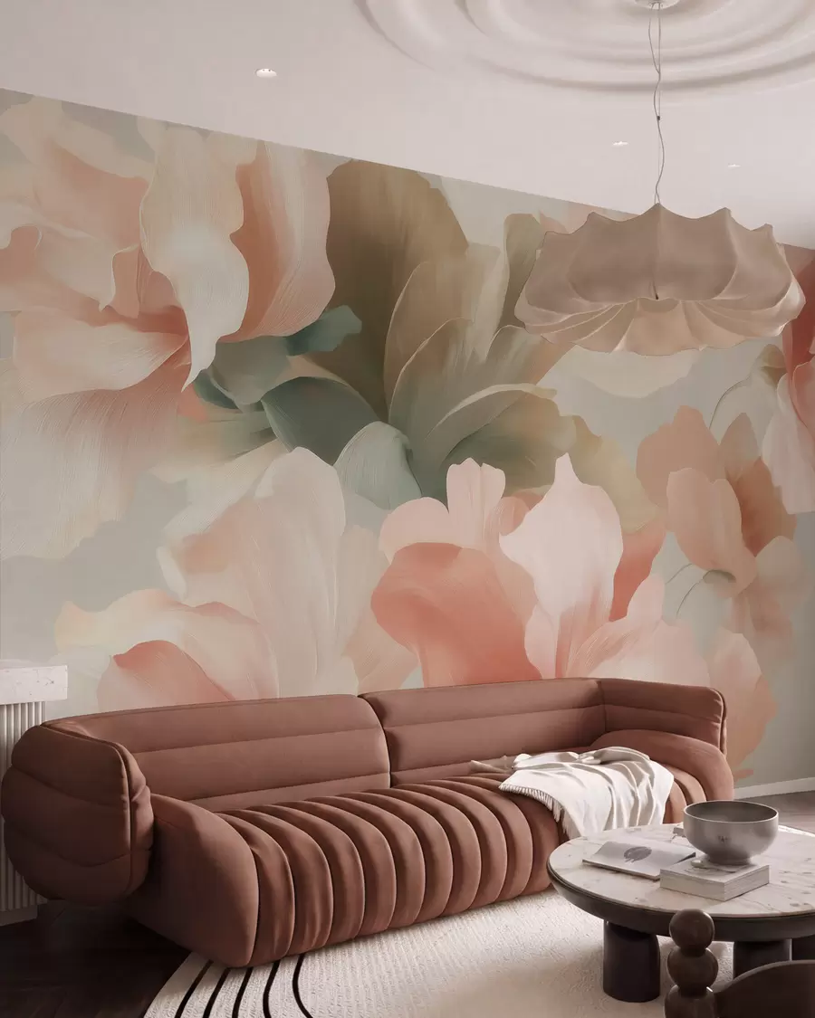 Fototapet Stora konstnärliga blommor i mjuka pastellnyanser av krämvitt, rosa och grönt w09935