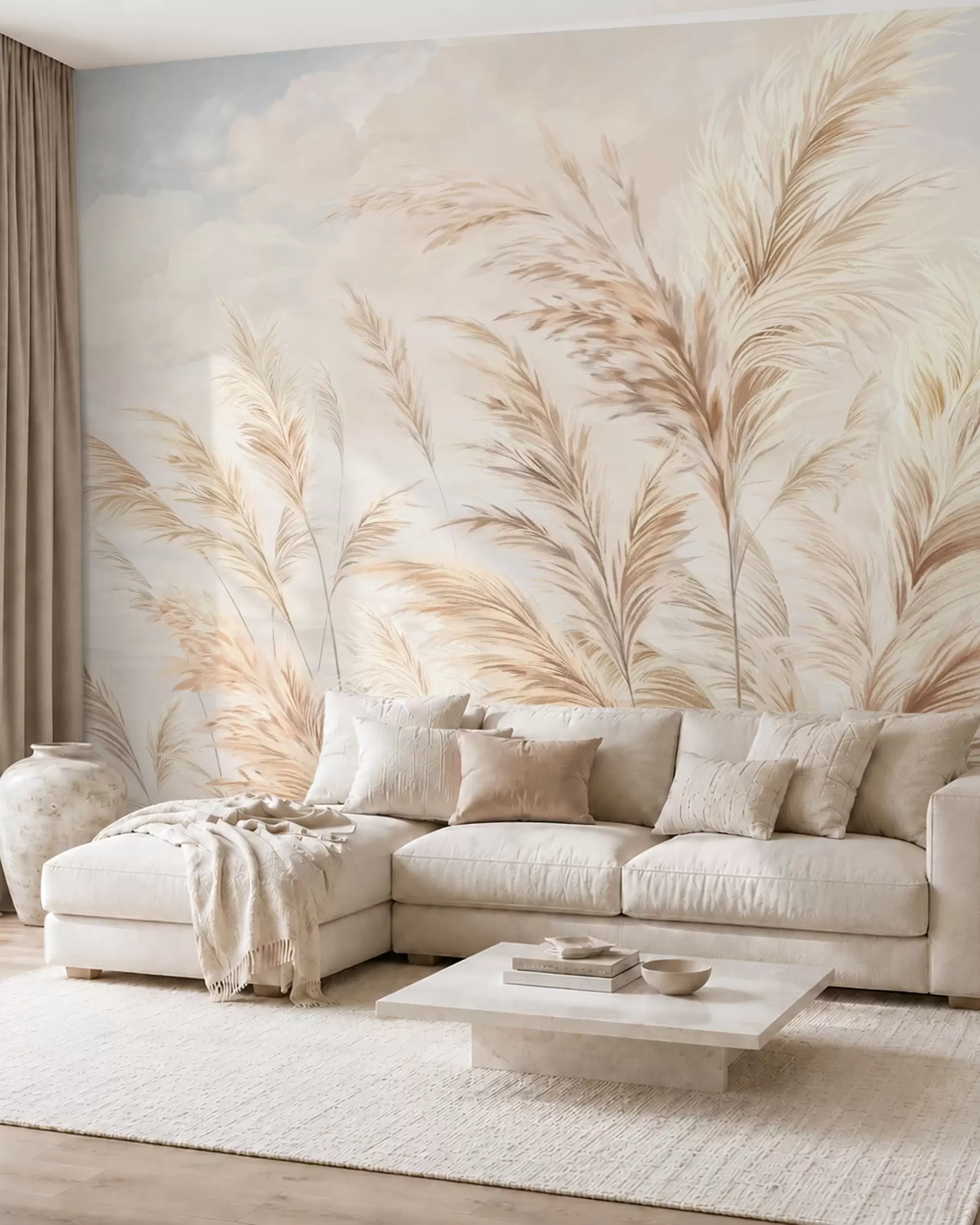 Fototapet Mjuka, höga vete- och grässtrån under en molnig himmel w05735