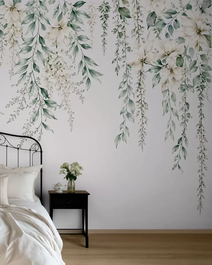 Fototapet Blommor som faller i kaskader och grönt bladverk mot en ljus bakgrund w05736