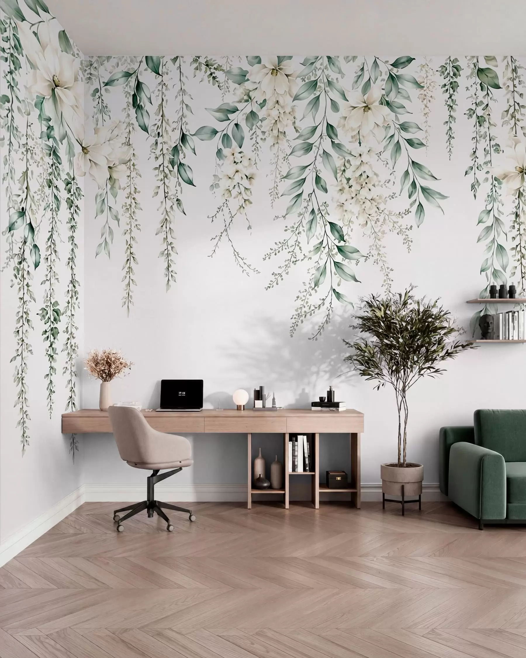 Fototapet Blommor som faller i kaskader och grönt bladverk mot en ljus bakgrund w05736