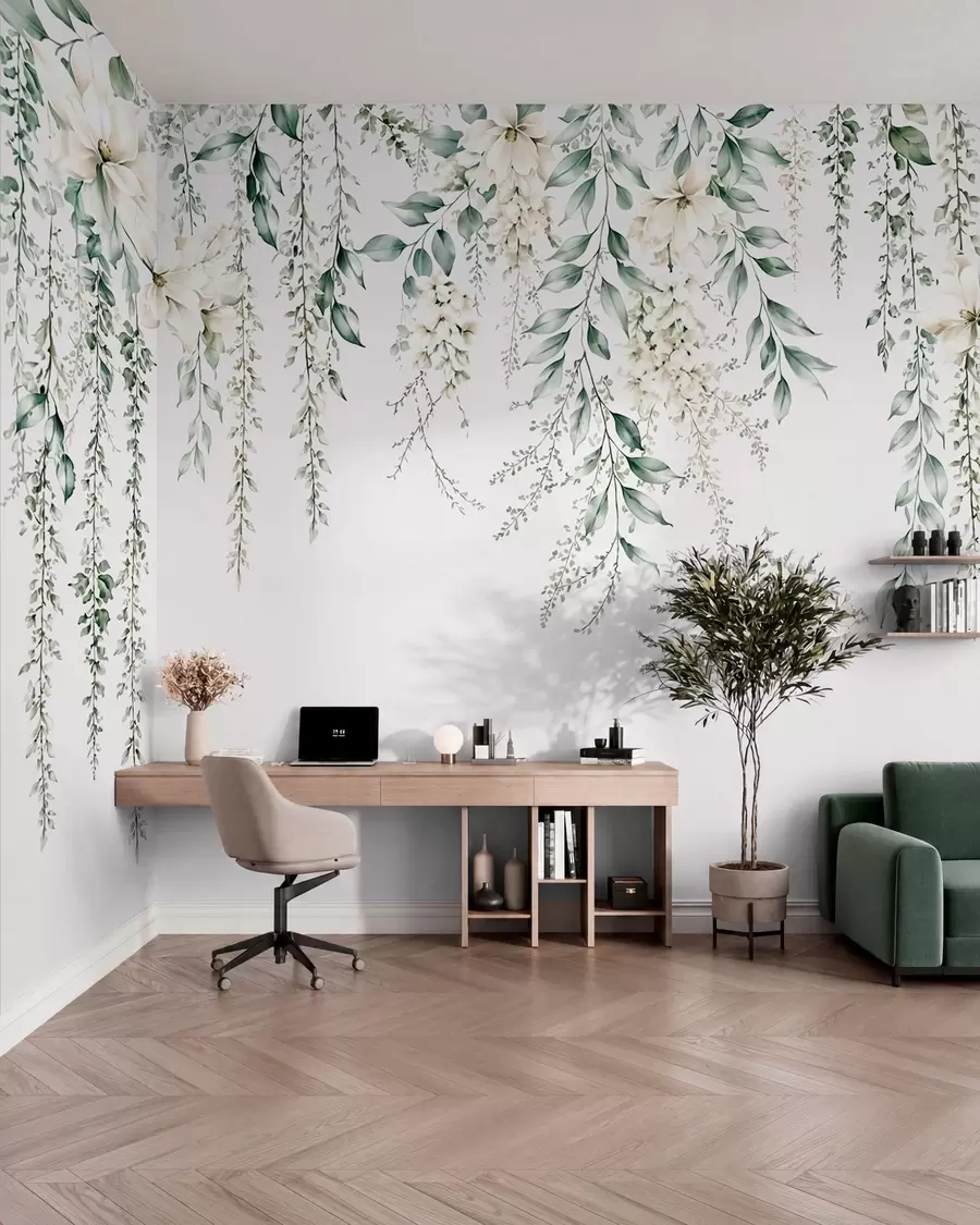 Fototapet Blommor som faller i kaskader och grönt bladverk mot en ljus bakgrund w05736