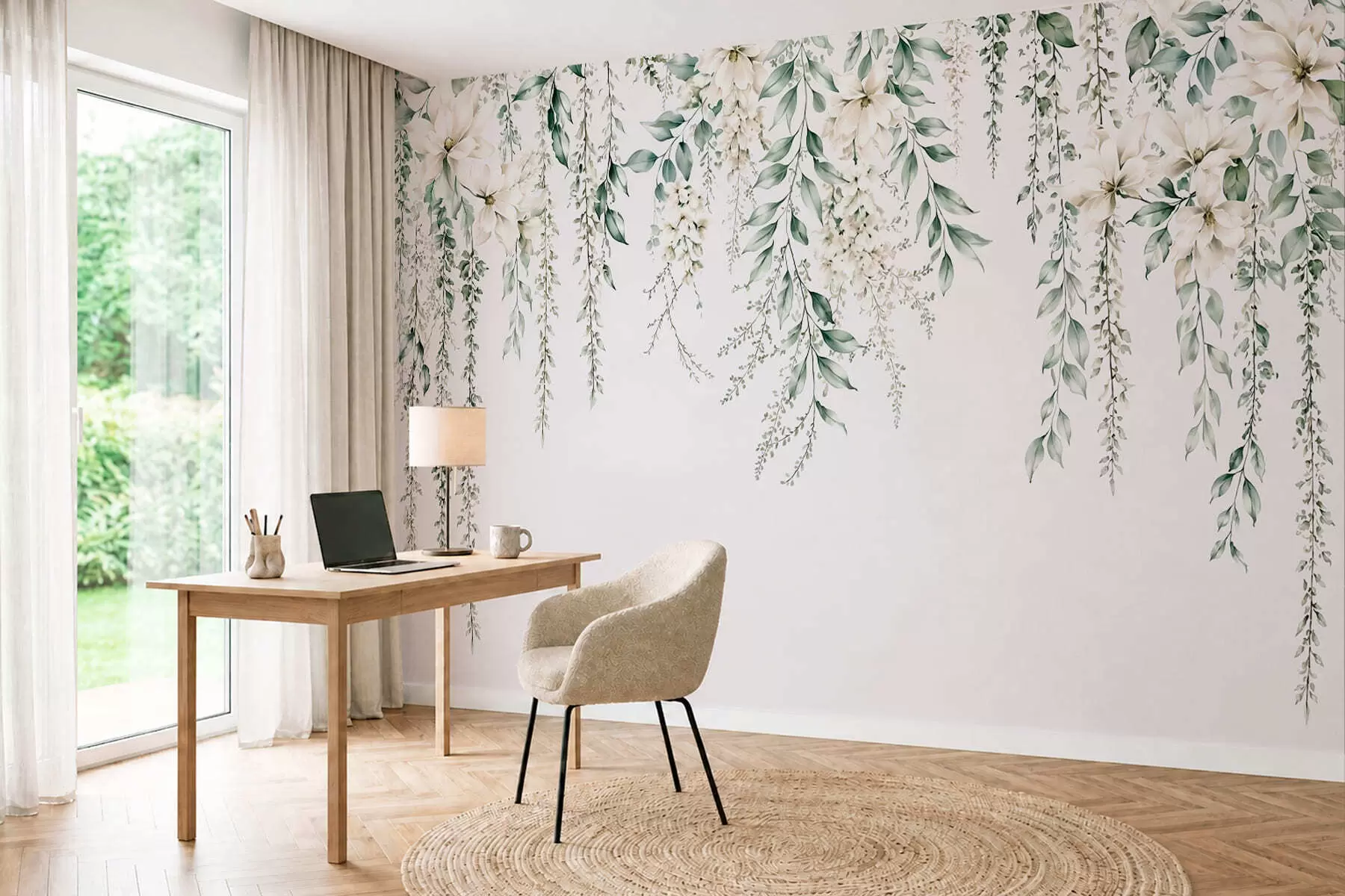 Fototapet Blommor som faller i kaskader och grönt bladverk mot en ljus bakgrund w05736