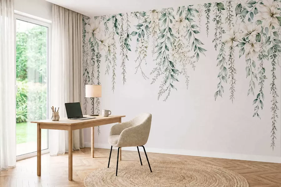 Fototapet Blommor som faller i kaskader och grönt bladverk mot en ljus bakgrund w05736