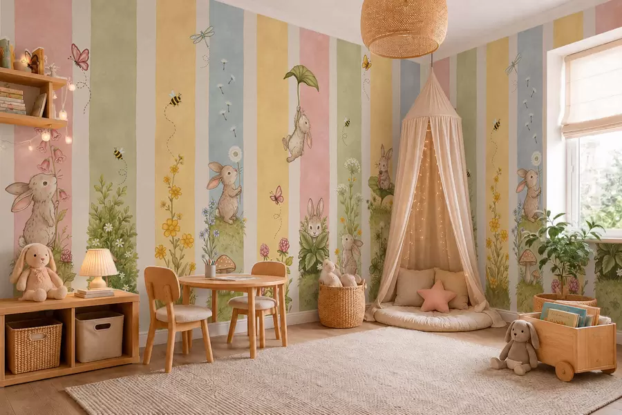 Fototapet Pastellrandigt med kaniner, blommor, fjärilar och bin w05730