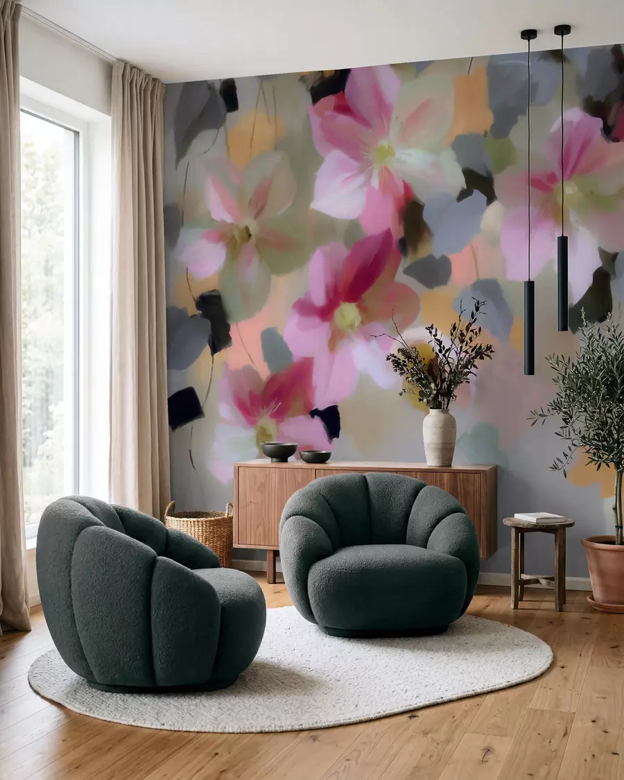 Fototapet En ljus och luftig komposition med hängande blommor i akvarellstil w09931