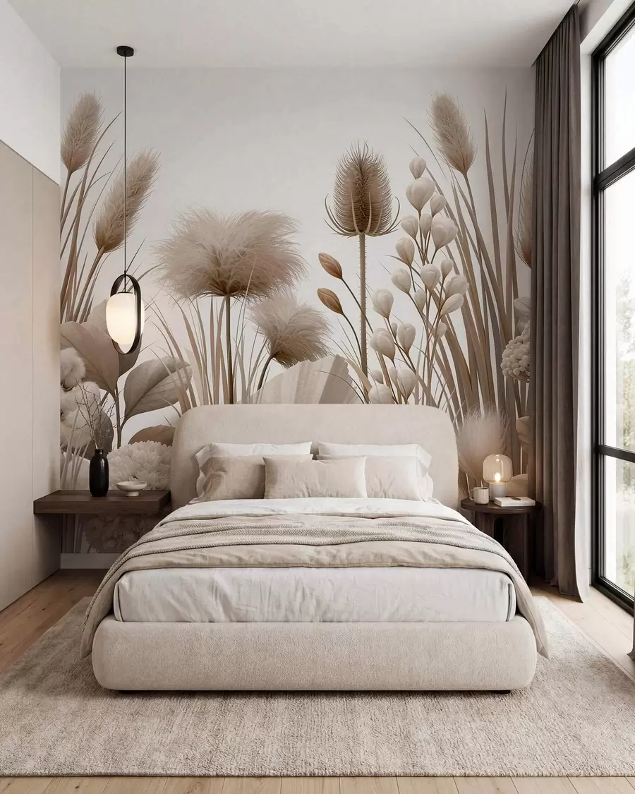 Fototapet Höga beige torkade blommor i neutrala beige nyanser w09932