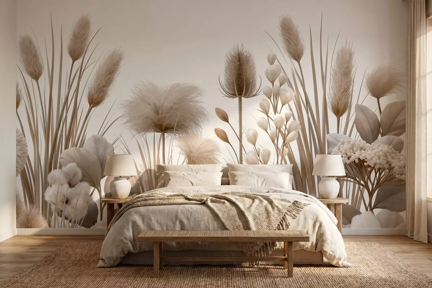Fototapet Höga beige torkade blommor i neutrala beige nyanser w09932