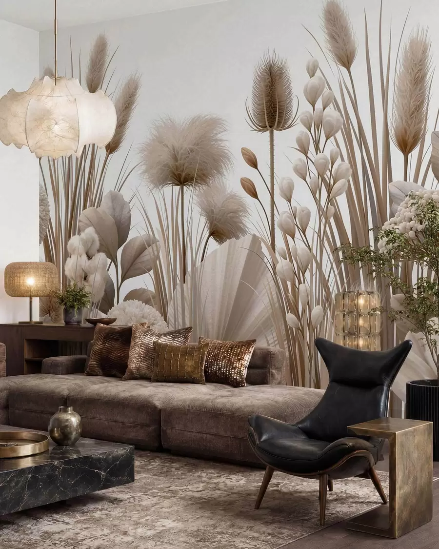 Fototapet Höga beige torkade blommor i neutrala beige nyanser w09932