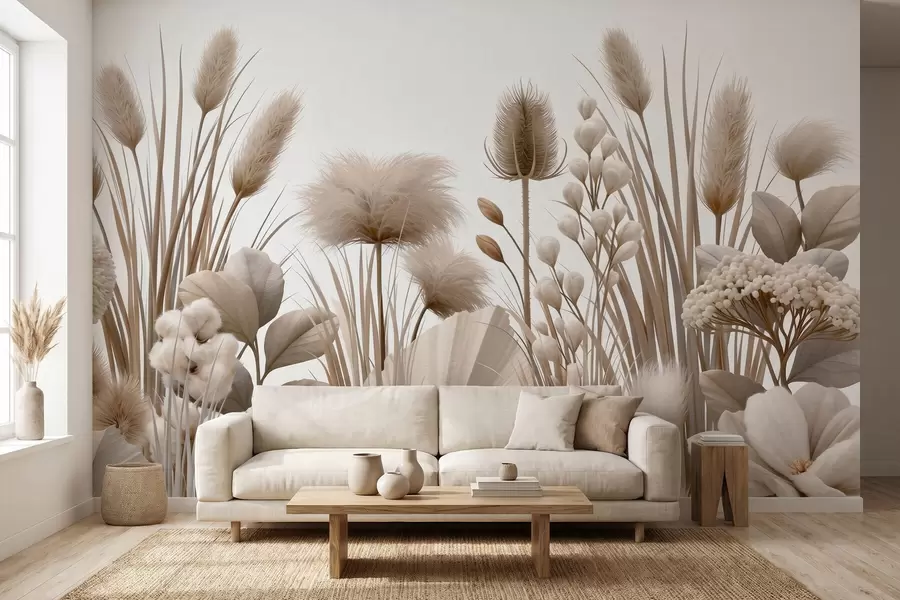 Fototapet Höga beige torkade blommor i neutrala beige nyanser w09932