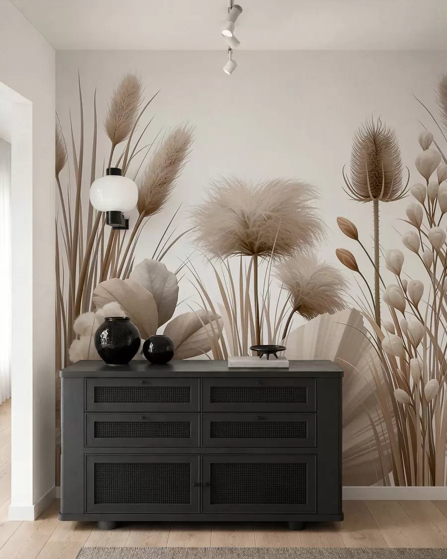 Fototapet Höga beige torkade blommor i neutrala beige nyanser w09932